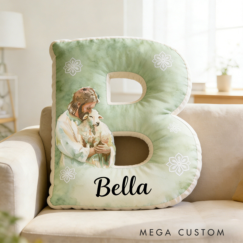 Personalized Jesus and Lamb Green Letter Pillow with Custom Name Religious Home Decor the Lost Sheep Graphic 3D Print Pillow Faith Gift