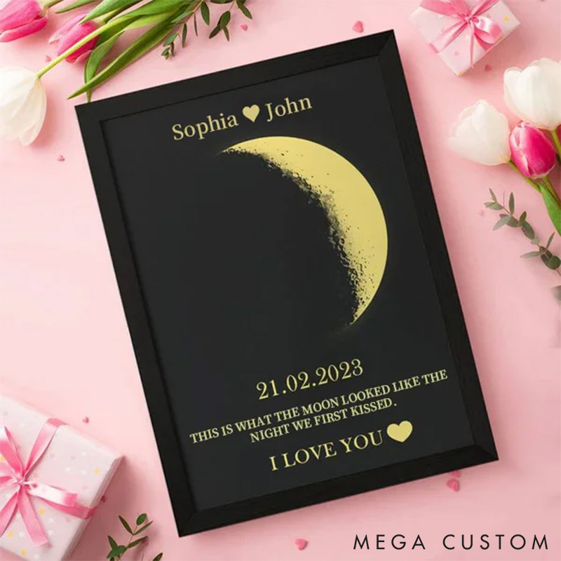 Personalized Couple The Day I Saw You First Time Real Moon Phase Poster Anniversary Wall Art Valentine's Gift Unique Keepsake Gift for Husband Wife