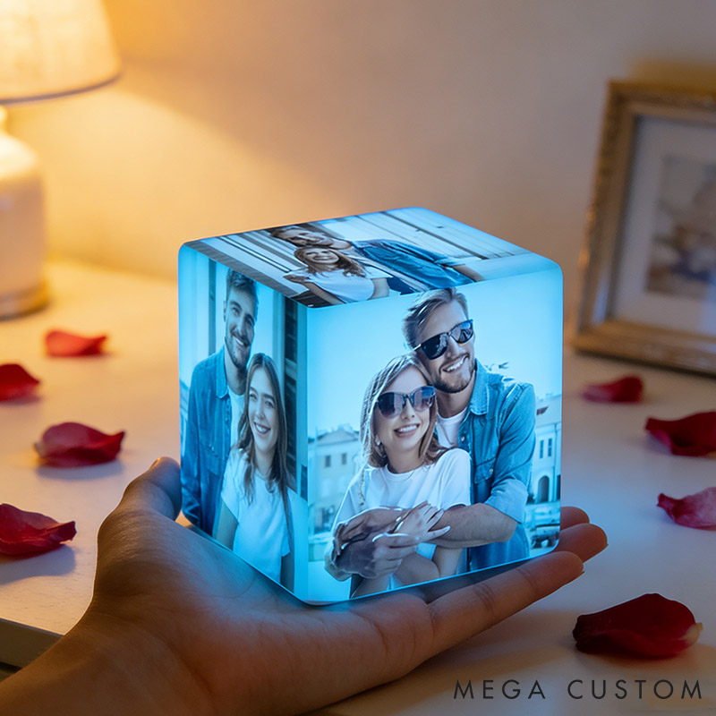 Personalized Couple Photo Cube Night Light Custom Wedding Newlyweds Cube Table Lamp With 6 Pictures Valentines Day Gift Engagement Anniversary Gift