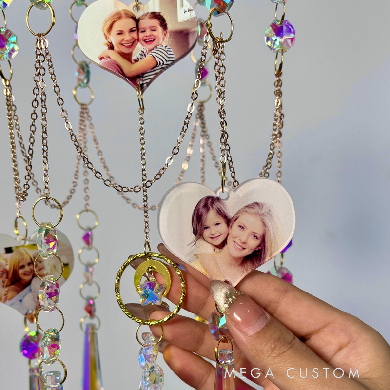 Personalized Photo Heart Suncatcher - Custom Family Photo Wind Chime with Crystal Beads, Decorative Window Hanging Gift