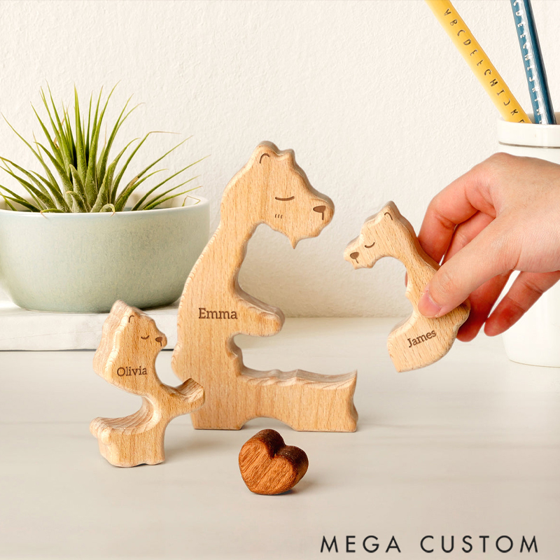 Personalized Wooden Mommy Bear Family Puzzle with Mothers and 1–4 Kids Names Desk Decoration Birthday Anniversary Gift for Family