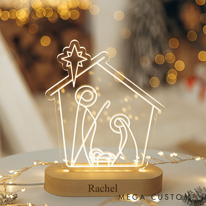 Personalized Nativity Scene LED Night Light with Name Wooden Base Home Decor Religious Gift Christmas Gift for Kid