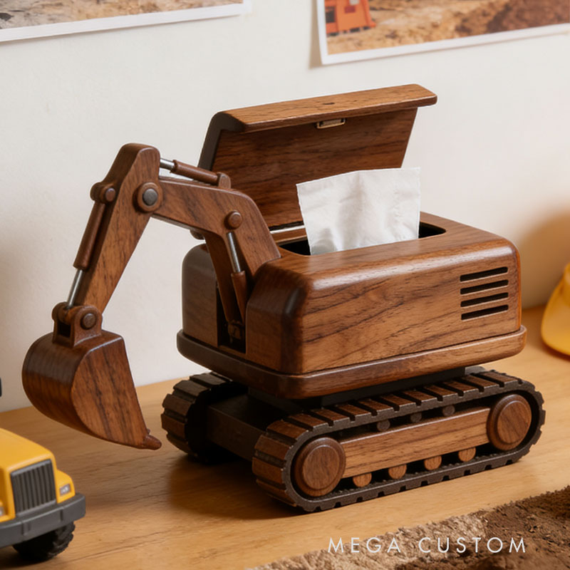 Handmade Wooden Excavator Tissue Box Funny Cartoon Decor