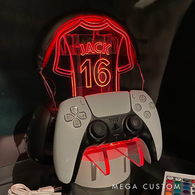 Personalized Custom Jersey LED Controller Stand - Personalized Name & Number Gaming Desk Lamp, Controller Holder Gift