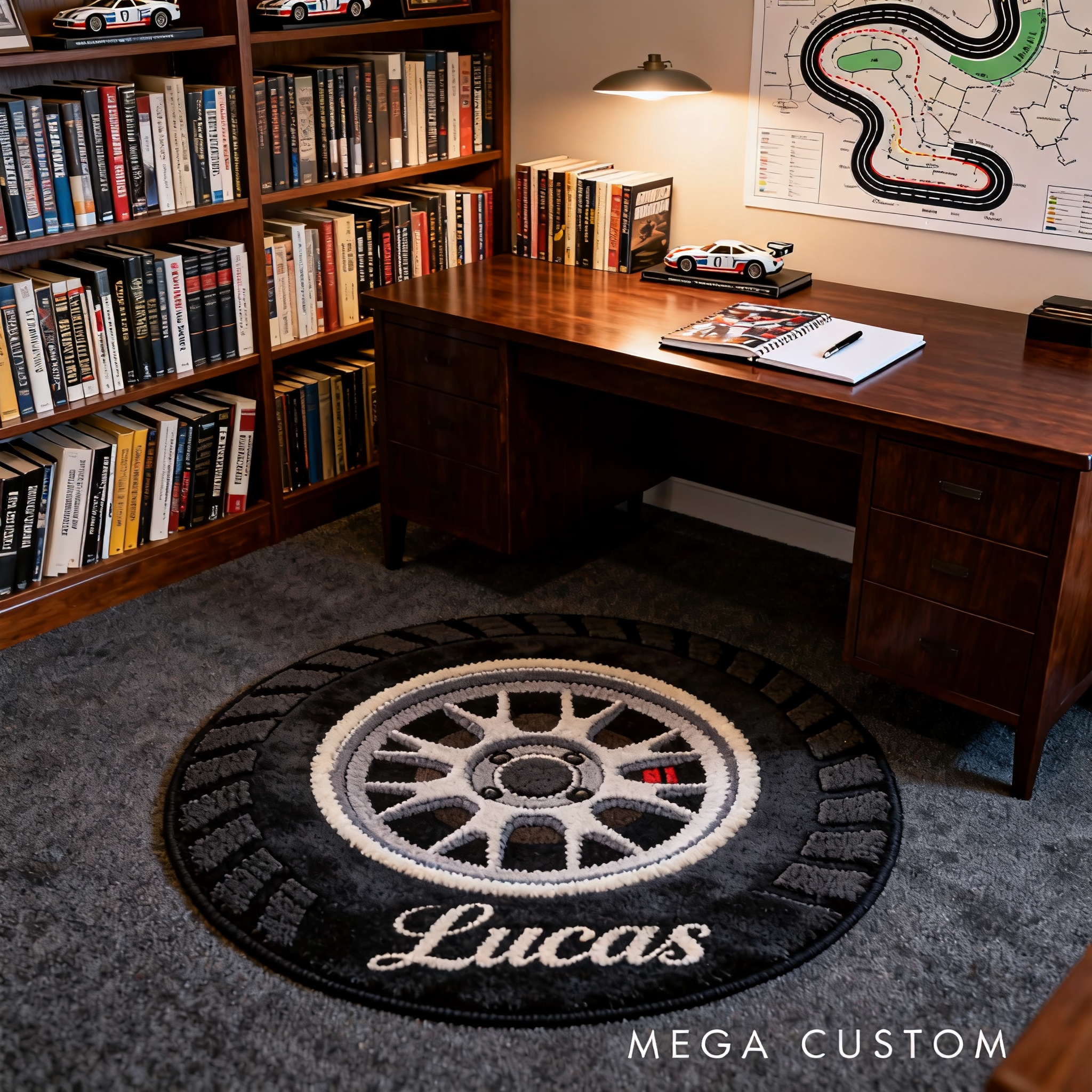Personalized Racing Wheel Rug Custom Name Car Lover Gift for Garage or Home Decor