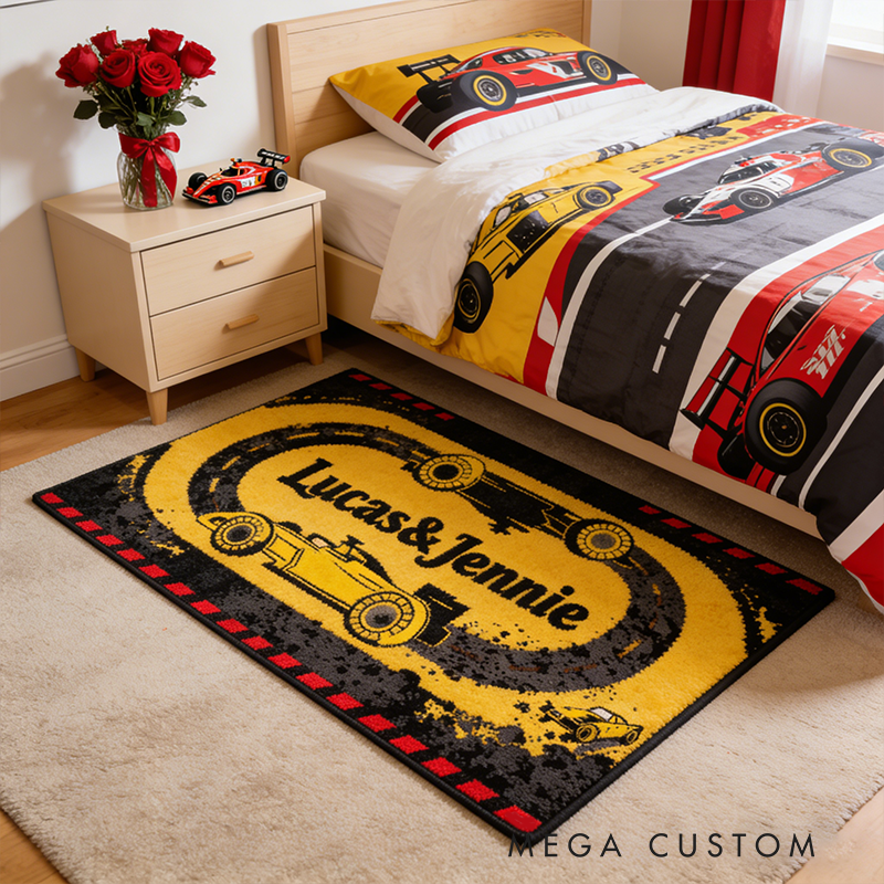 Personalized Racing Couple Rug Custom Name Race Track Design Gift for Car Lovers Home Decor