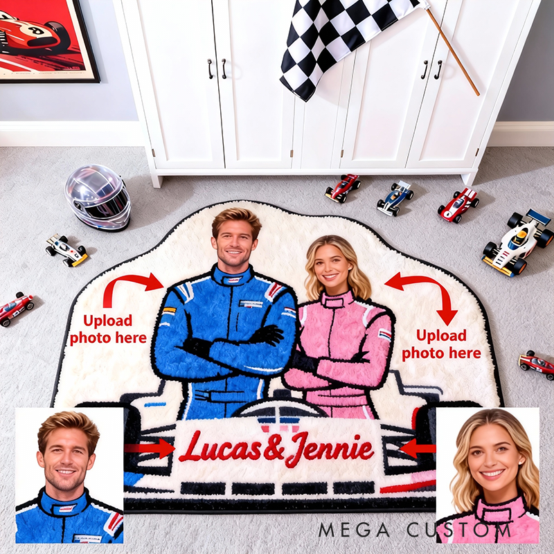 Personalized Couple Racing Rug Custom Name and Photo Design Gift for Car and Racing Lovers Home Decor