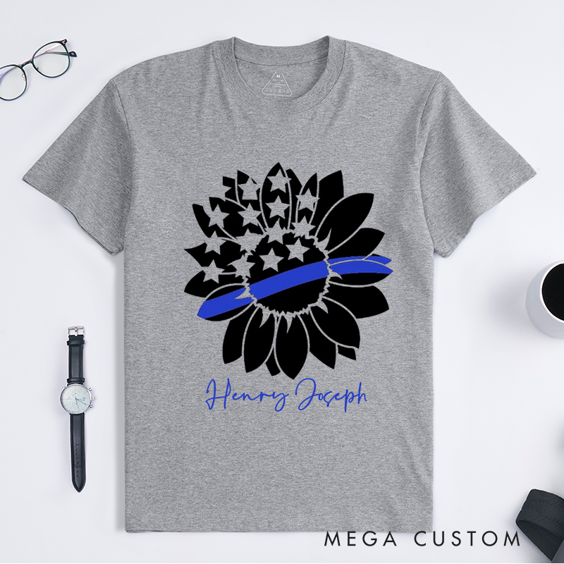 Personalized Police Thin Blue Line Sunflower Design Gift for Police Officer T-Shirt