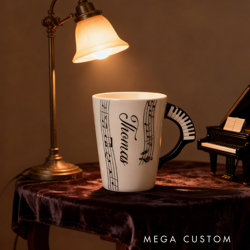 Personalized Custom Piano Keyboard Handle Mug with Musical Notes, Personalized Name Ceramic Coffee Mug for Music Lovers, Piano Player Gift