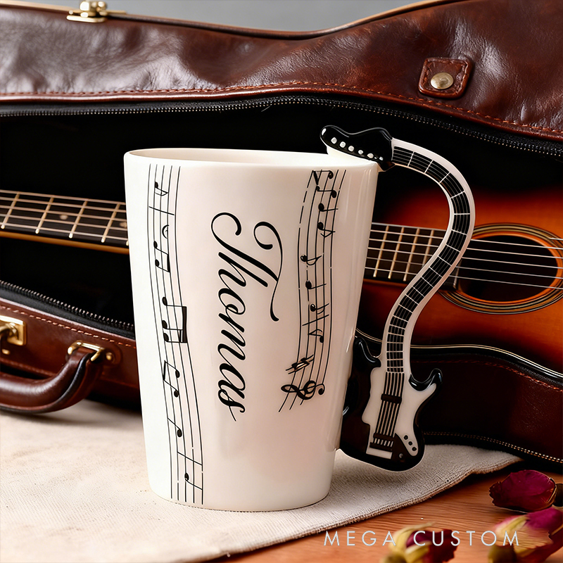 Personalized Electric Guitar Handle Mug, Custom Name Ceramic Cup with Musical Notes, Rock Music Fan Gift