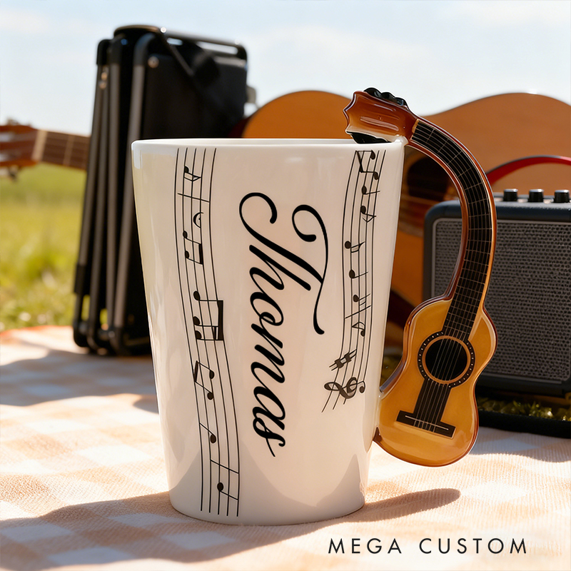 Personalized Custom Acoustic Guitar Handle Mug, Personalized Name Ceramic Coffee Cup with Musical Notes, Folk Music Lover Gift