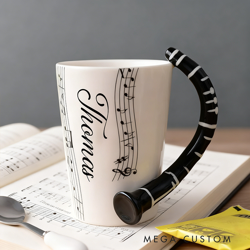 Personalized Saxophone Handle Mug, Custom Name Ceramic Cup with Musical Notes, Jazz Music Enthusiast Gift