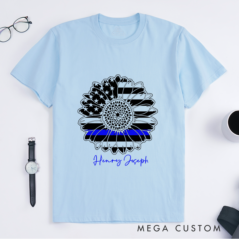 Personalized Police Thin Blue Line Flower Design Gift for Police Officer T-Shirt