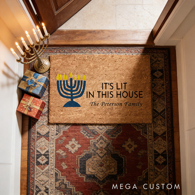 Personalized It's Lit in this House Doormat with Custom Family Name Non-Slip Durable Front Door Decor Hanukkah Doormat Religious Gift