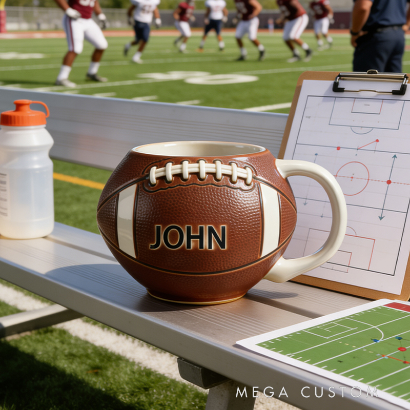Personalized Custom Football Shaped Mug - Personalized Sports Fan Gift for Football Lovers, Ceramic Coffee Cup with Name