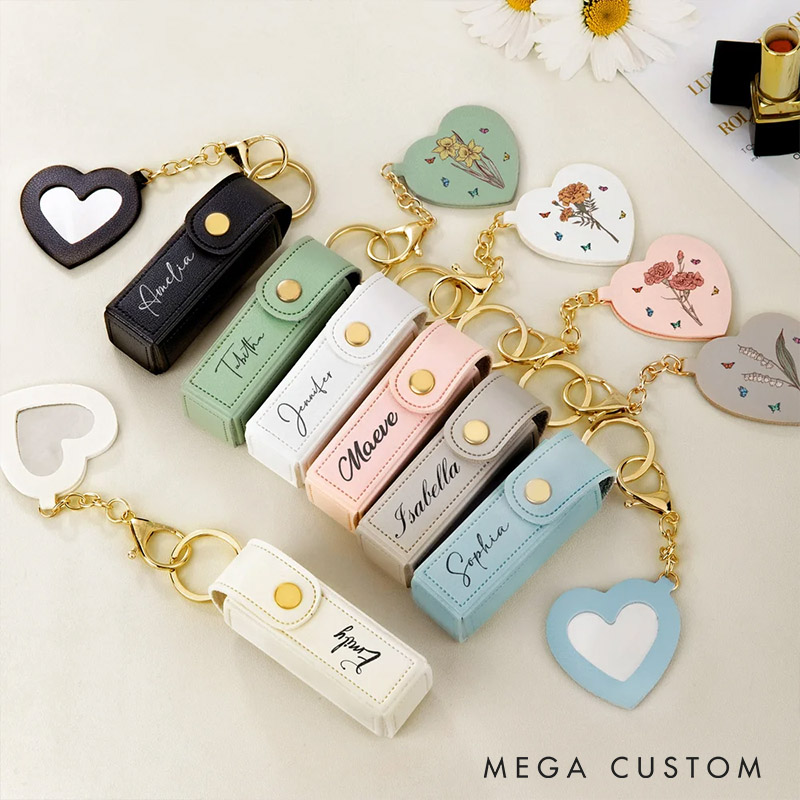 Personalized Girlfriend Birth Flower PU Leather Name Lipstick Case Keychain with Heart-shaped Mirror Wife Makeup Essentials Women Valentines Day Gift