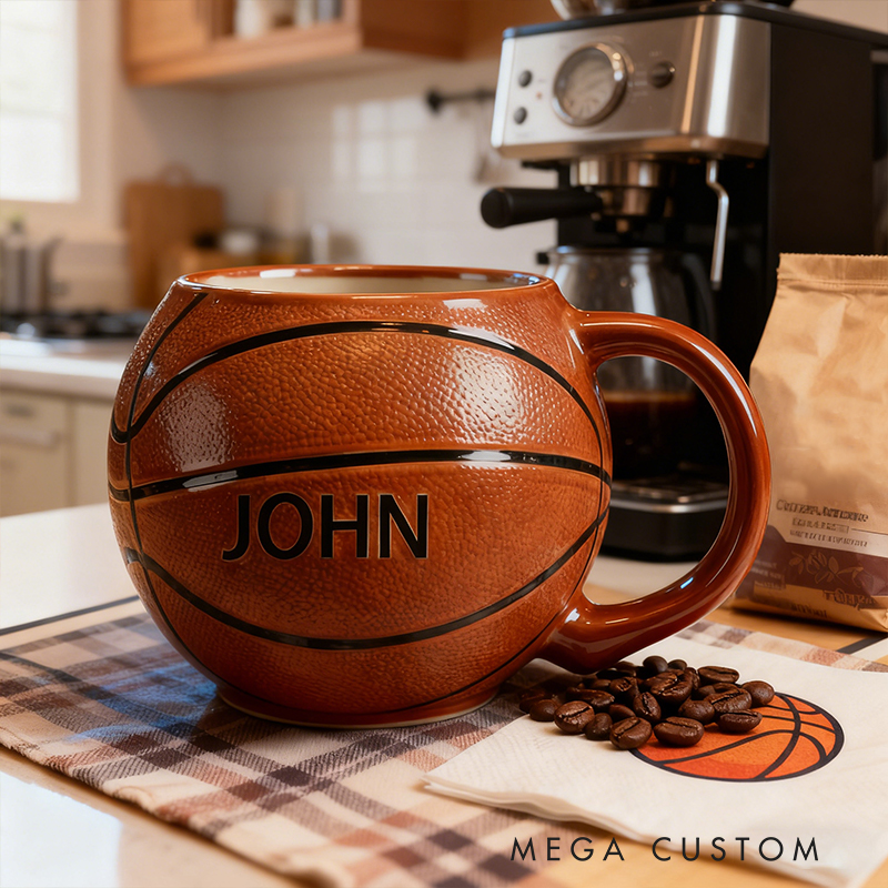 Personalized Custom Basketball Shaped Ceramic Mug - Personalized Sports Fan Gift for Basketball Lovers, 11oz Coffee Cup with Name
