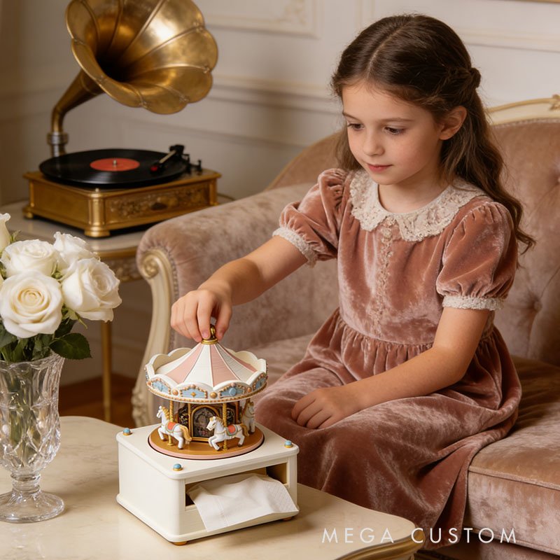 Carousel Music Box Tissue Box Cover 3D Printed Room Decor Cute Tissue Box Cover for Desk Room Kitchen or Bathroom