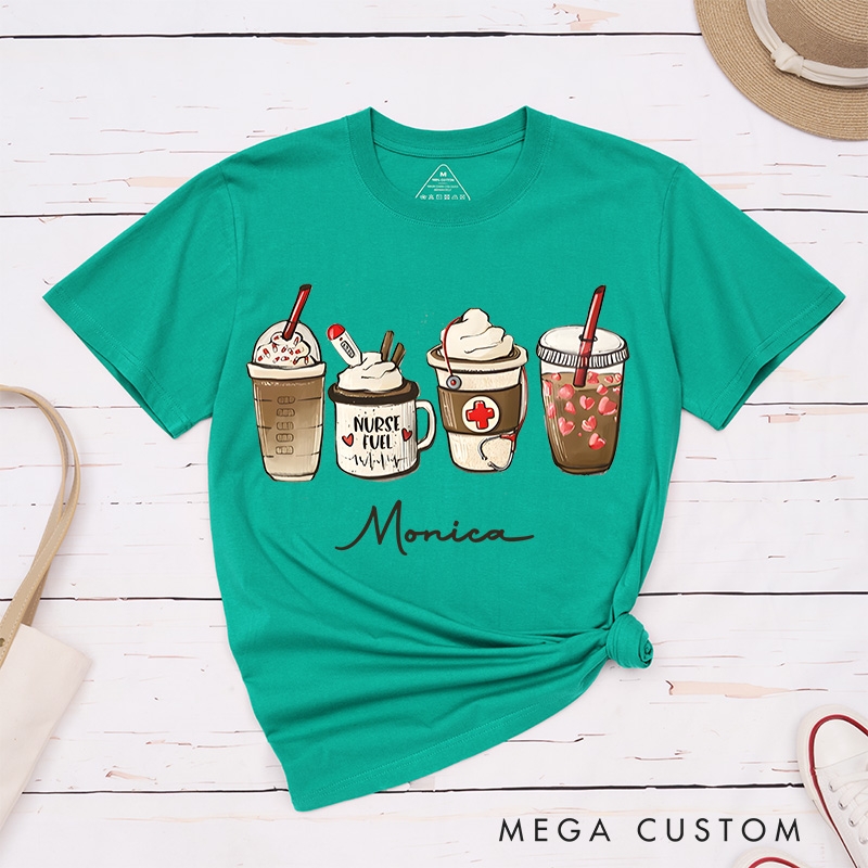 Personalized Nurse T-Shirts Nurse Fuel Coffee and Care T-Shirts