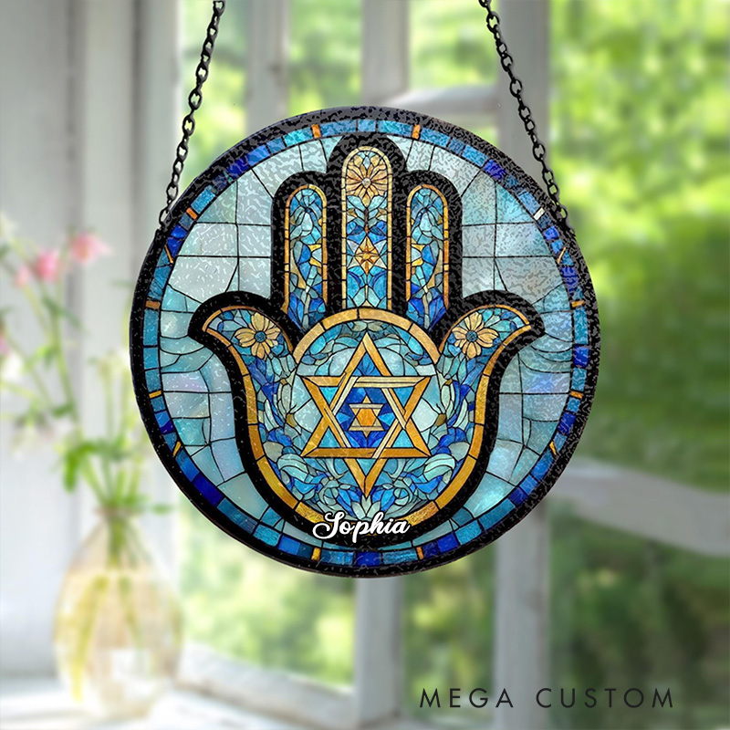 Personalized Hamsa Hand Star of David Stained Glass Suncatcher Ornament with Custom Name Jewish Festival Window Hanging Decor Hanukkah Gift Religious Gift