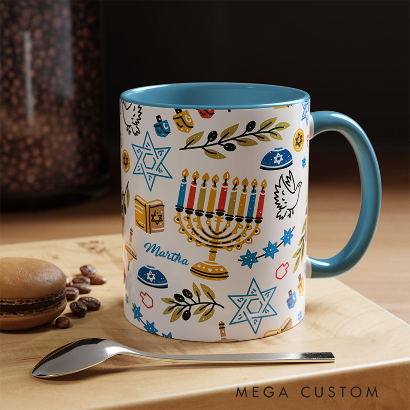 Personalized Hanukkah Menorah Ceramic Mug with Name Chanukah Coffee Mug Religious Gift Happy Hanukkah Gift for Jewish people Hanukkah