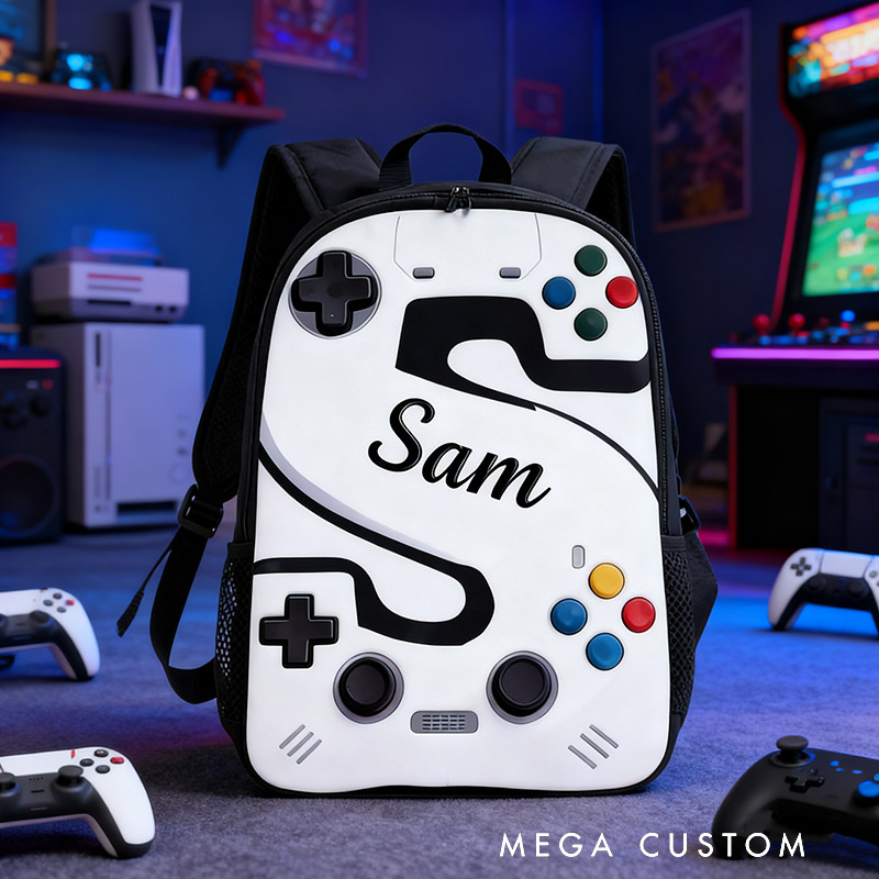 Personalized Game Controller Backpack with Letter Design and Custom Name for Kids and Game Lovers Birthday Black to School Christmas Gift