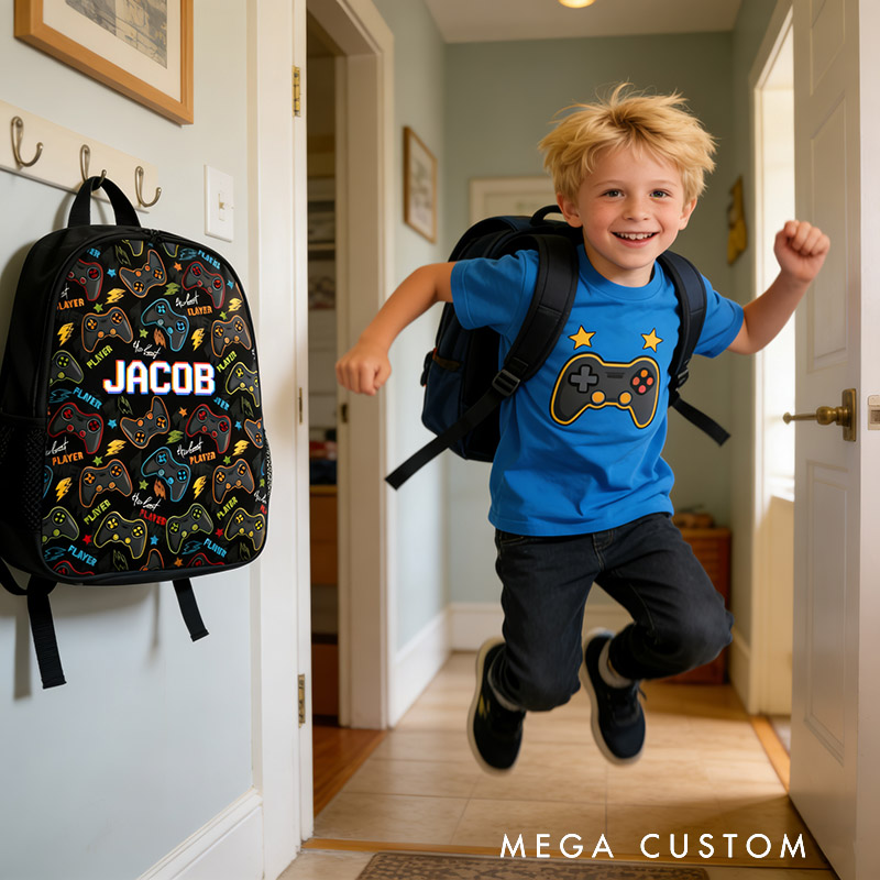 Personalized The Best Player Game Controller Backpack Custom Name for Kids and Game Lovers Birthday Black to School Christmas Gift