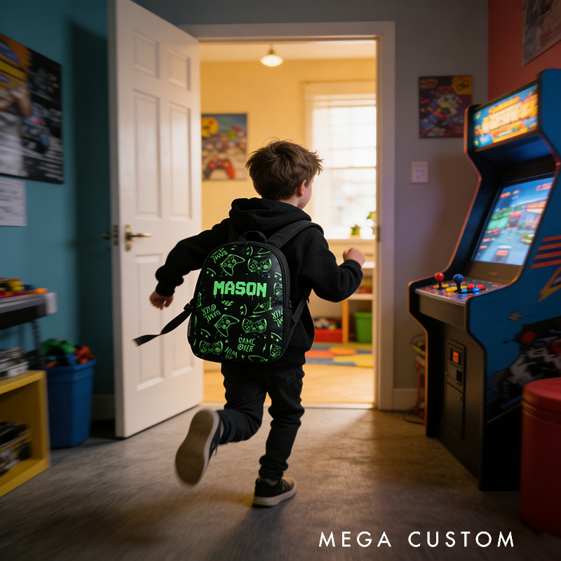 Personalized Graffiti Game Controller Backpack Custom Name for Kids and Game Lovers Birthday Black to School Christmas Gift
