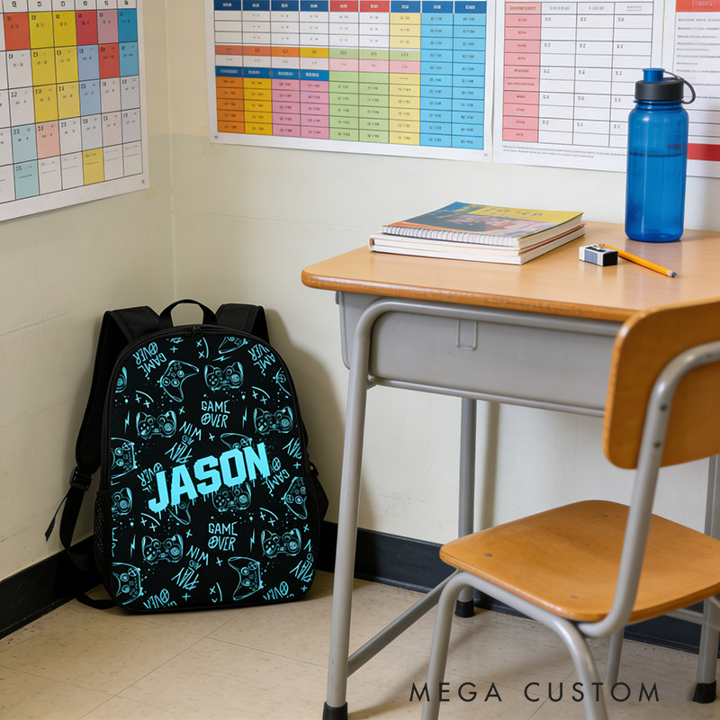 Personalized Blue Watercolor Style Game Controller Backpack Custom Name for Kids and Game Lovers Birthday Black to School Christmas Gift