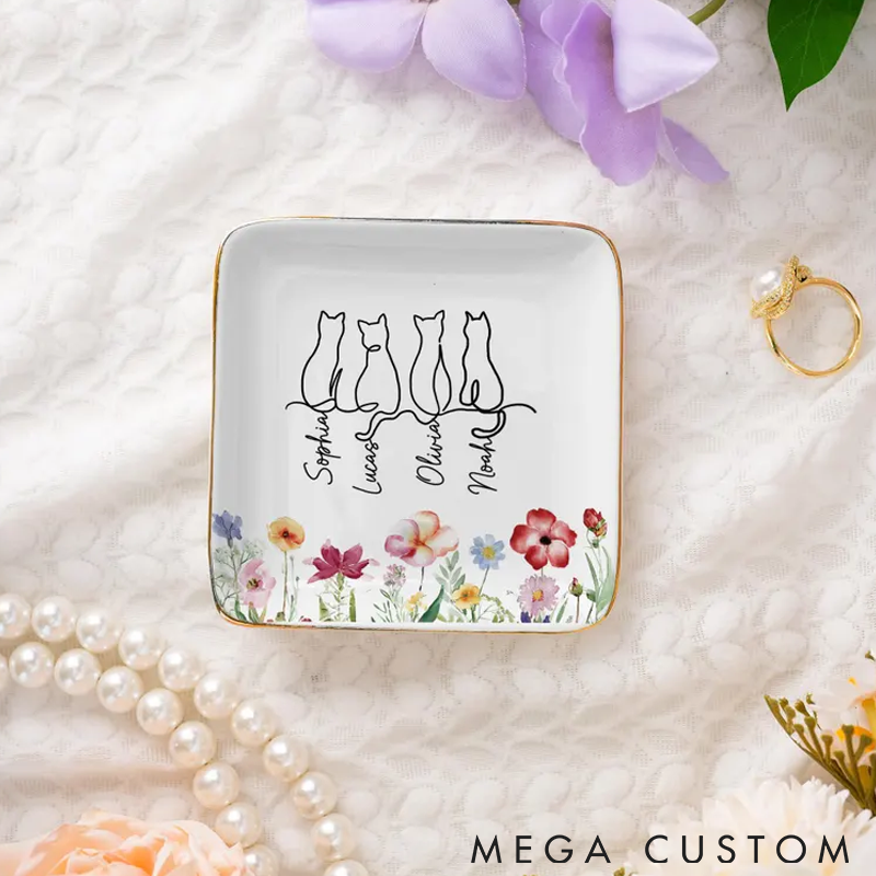 Personalized Cat Lover Custom Cat Floral Ring Dishes