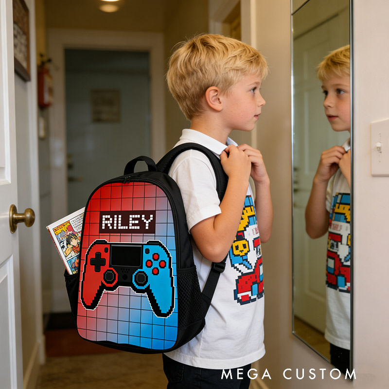 Personalized Cartoon Game Controller Backpack Custom Name for Kids and Game Lovers Birthday Black to School Christmas Gift
