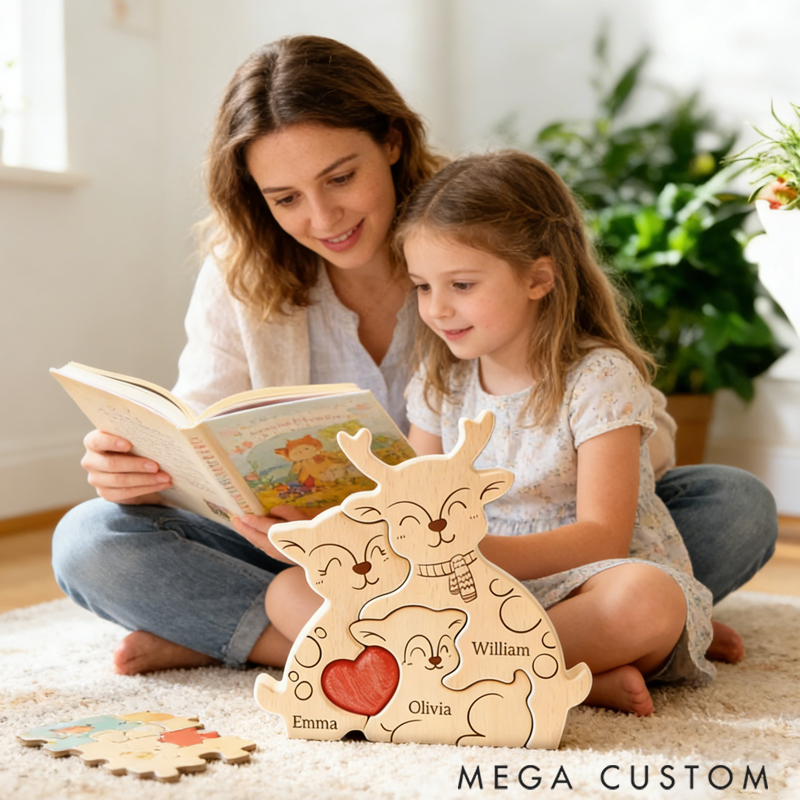 Personalized Wooden Deer Family Puzzle Desk Decoration Keepsake Anniversary Gift for Family