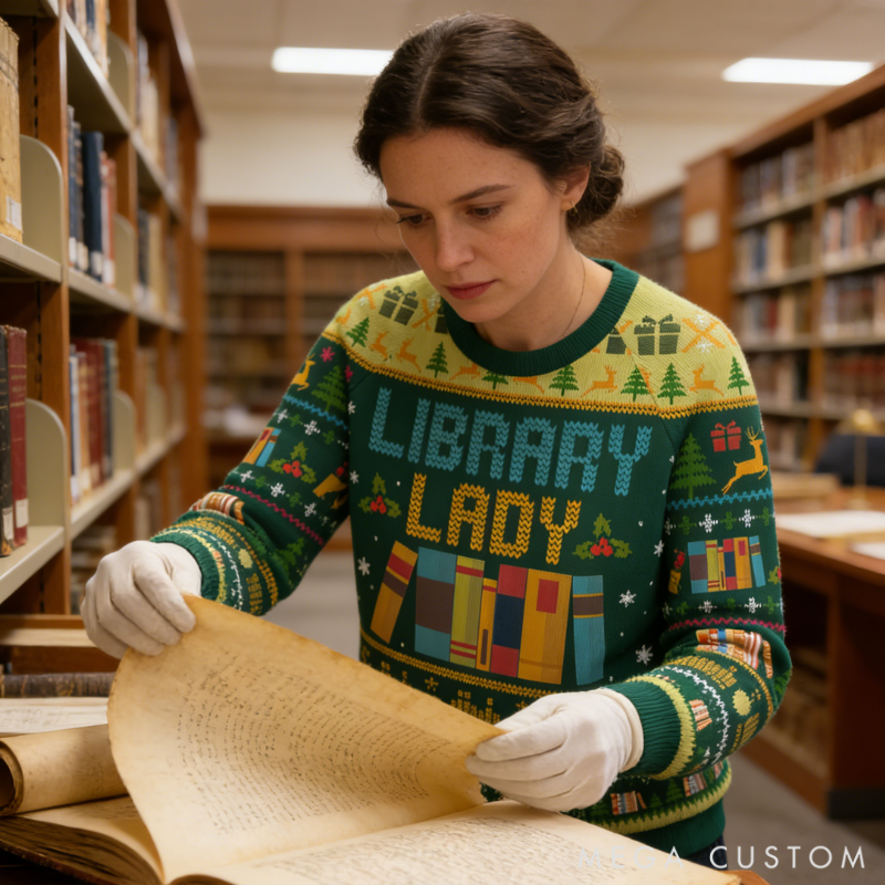 Personalized Library Themed Ugly Sweater Holiday Gift for Librarians