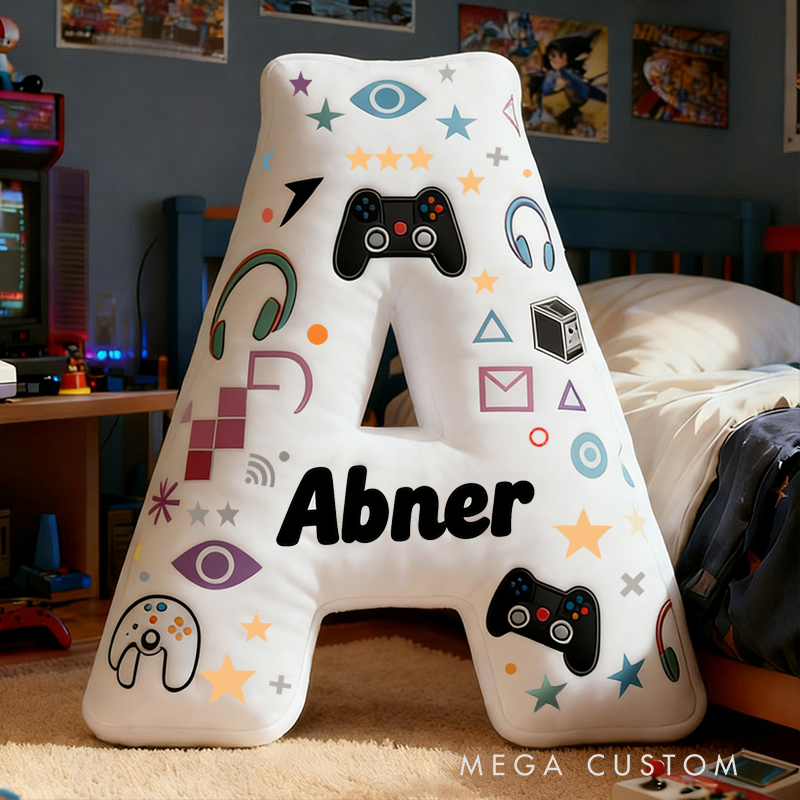 Personalized Graphic 3D Print Game Controller and Game Consoles Letter Pillow for Game Lovers Plush Pillow Christmas Birthday Gift for Kids