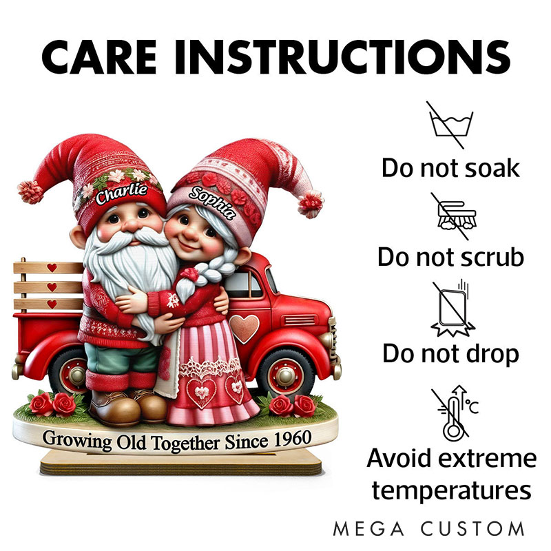 Personalized Couple Gnome Growing Old Together Standing Wooden Plaque 3D Effect Gnome Couple Truck Plaque Anniversary Valentines Day Gift for Him Her