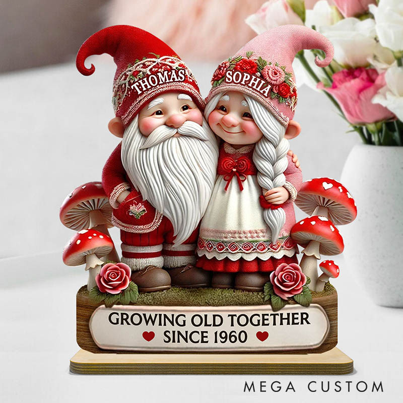 Personalized Couple Valentines Day 3D Effect Gnome Mushroom Standing Wooden Plaque Whimsical Gnome Couple Growing Old Together Plaque Anniversary Gift