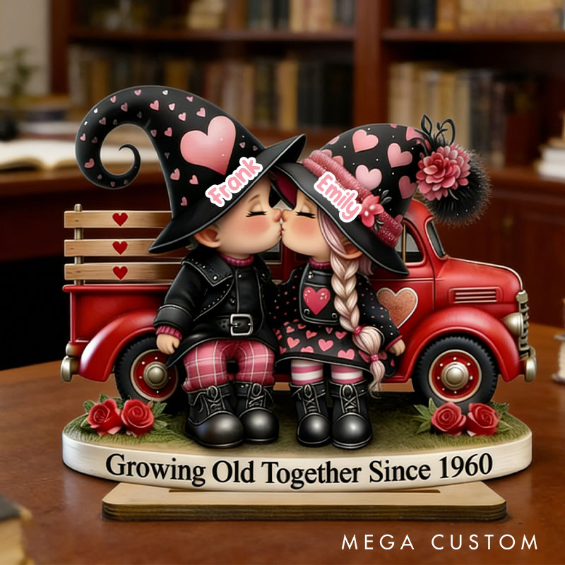 Personalized Couple Heart Valentines Day 3D Effect Gnome Truck Standing Wooden Plaque Whimsical Couple Growing Old Together Plaque Anniversary Gift