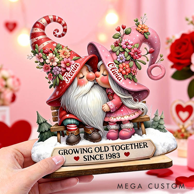 Personalized Couple Heart Valentines Day 3D Effect Gnome Standing Wooden Plaque Custom Sweet Gnome Couple Sitting on a Chair Plaque Anniversary Gift