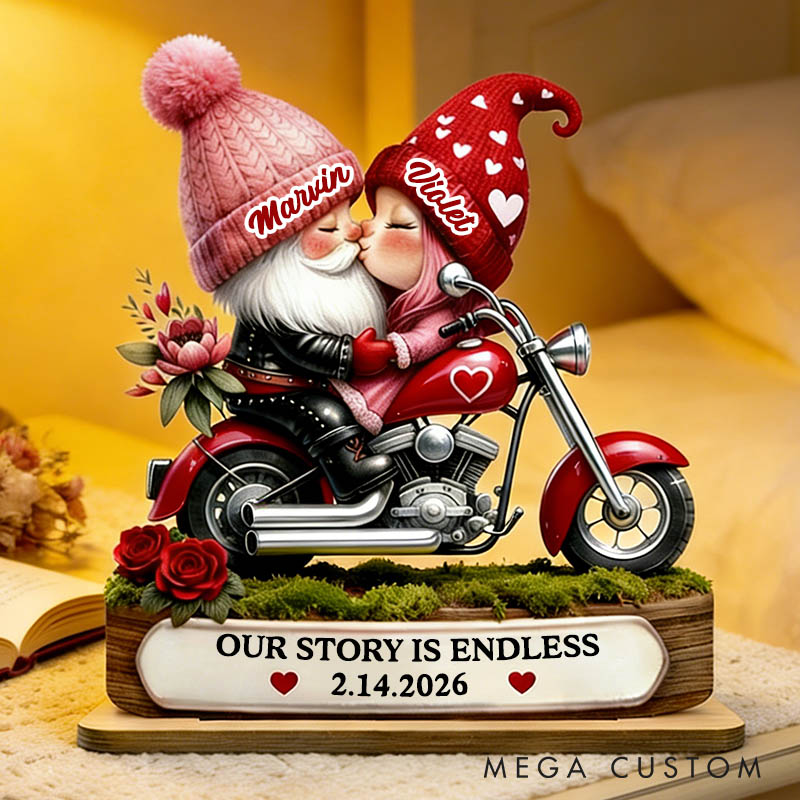 Personalized Valentines Day 3D Effect Gnome Couple Riding Red Motorcycle Standing Wooden Plaque Custom Sweet Gnome Couple Plaque Anniversary Gift