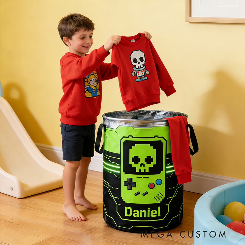 Personalized Retro Skull Game Machine Collapsible Storage Basket for Laundry Toys Organizer Game Lover Gift for Kids