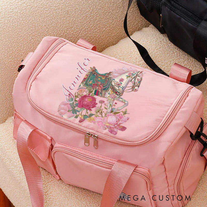 Personalized Horse Riding Duffle Bag Waterproof Equestrian Multi Compartment Travel Bag with Name and Shoulder Strap Travel Accessories Birthday Gift for Women Girls Overnight Bag Gift for Horse Lovers Riding Lovers Equestrian Lovers