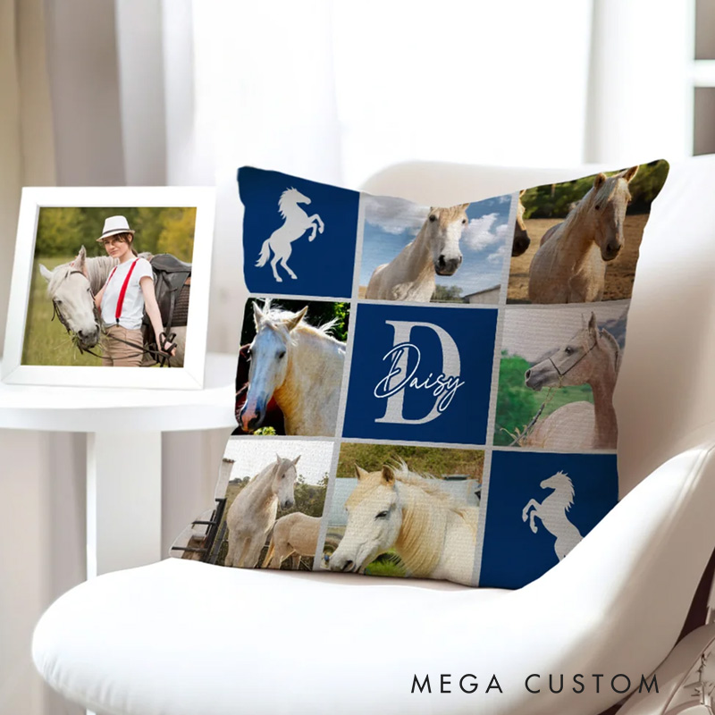 Personalized Nine Square Grid Photo Horseshoe Soft Throw Pillow Cover with Name and Initial Home Decor Equestrian Game Day Gift for Horse Lovers