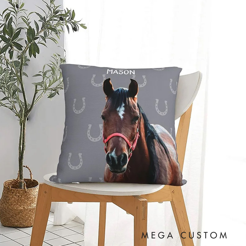 Personalized Horseshoe Horse Face Photo Throw Pillow Cover with Name Home Decor Birthday Anniversary Gift for Horse Owner Lover Equestrian Lovers