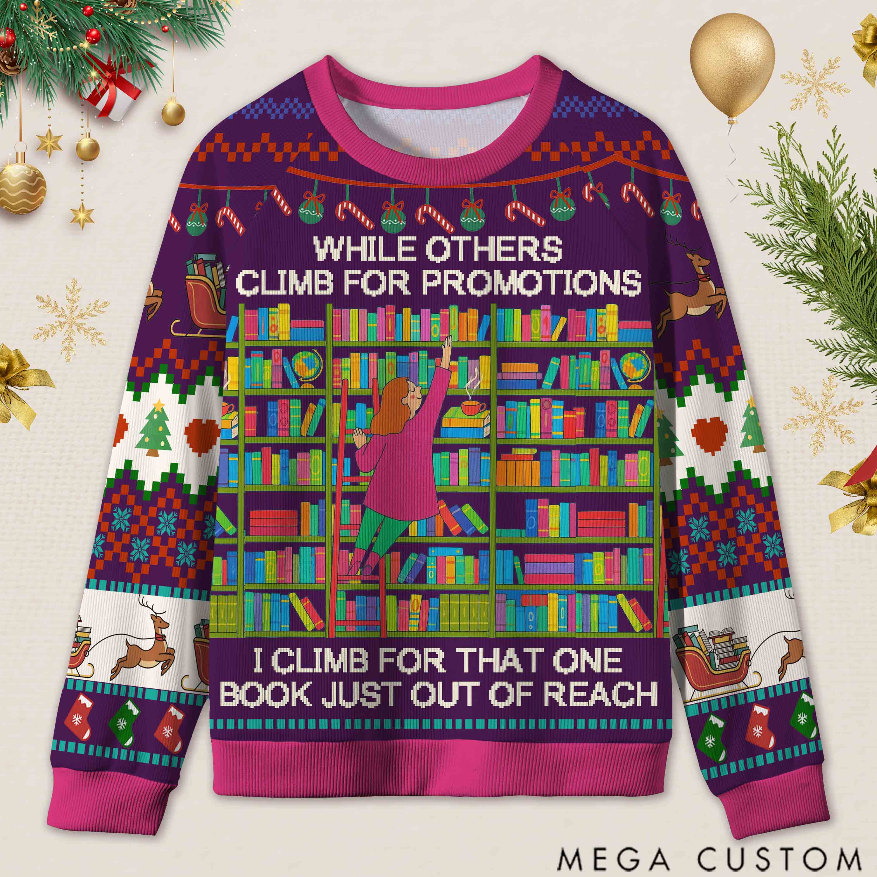 Personalized Library Fun Phrase Ugly Sweater Holiday Gift for Librarians