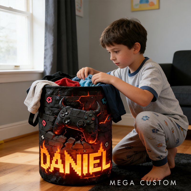 Personalized Retro Flame Game Controller Collapsible Storage Basket for Laundry Toys Organizer Game Lover Gift for Kids