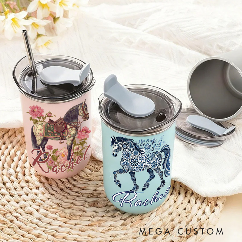 Personalized Floral Horse Equestrian Tumbler Watercolor Flower Insulated Travel Coffee Cup with Name Birthday Christmas Gift for Women Rider Horse Gift Riding Equestrian Lovers