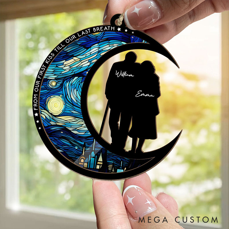 Personalized Couple From Our First Kiss Till Our Last Breath Suncatcher Moon Shaped Starry Night Style Window Decor Anniversary Valentines Day Gift