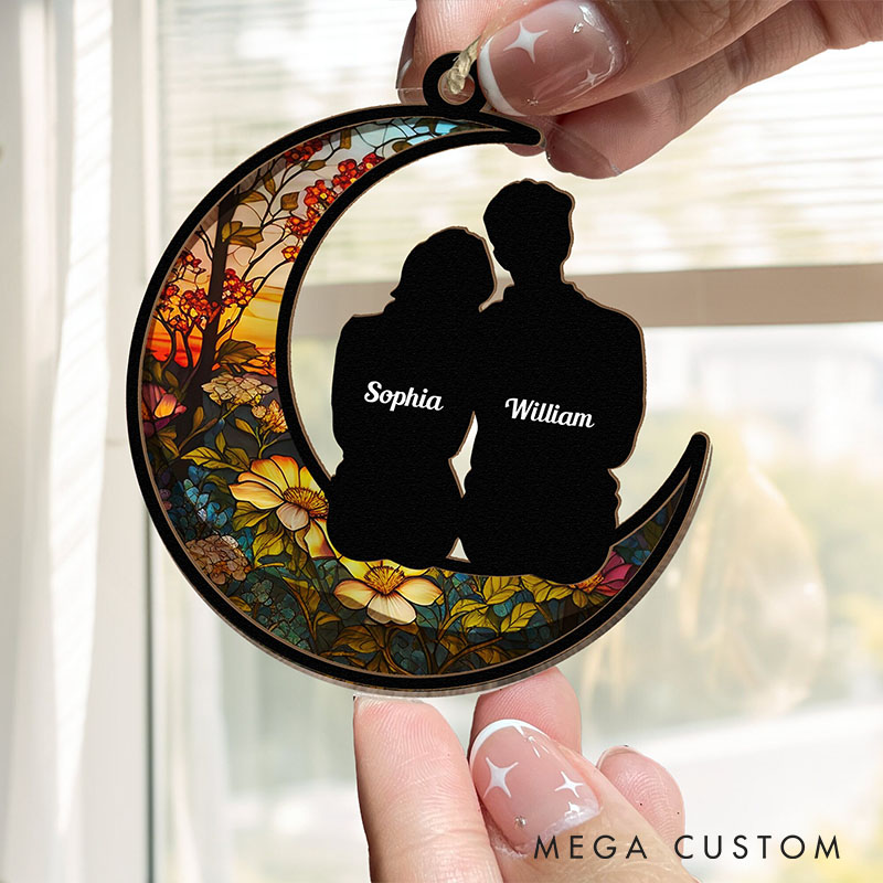 Personalized Couple Silhouette Love To The Moon and Back Suncatcher Custom Moon Shaped Floral Style Window Decor Anniversary Gift Valentines Day Gift
