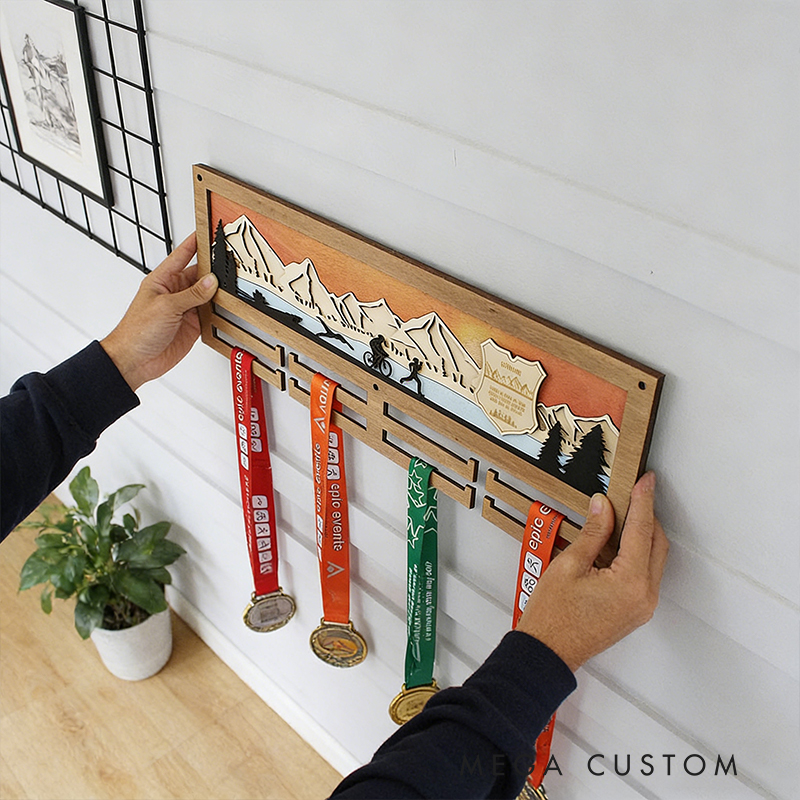 Personalized Custom Wood Triathlon Medal Holder with Mountain Art – Wall Decor for Race Medals (Bike/Run/Swim)