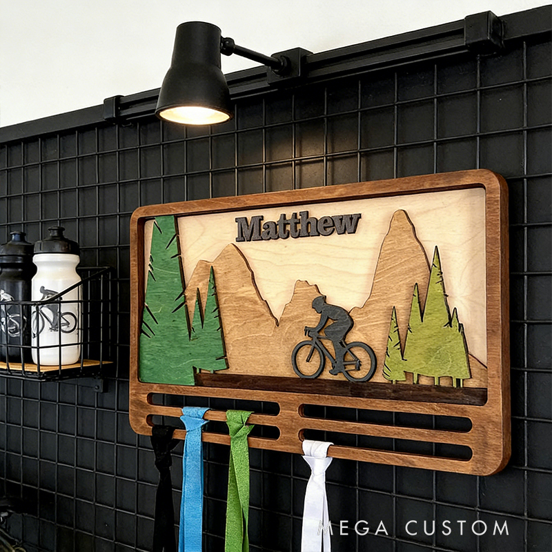 Personalized Cycling Medal Holder – Custom Wood Wall Decor for Bike Race Medals (Engraved Name & Mountain Design)